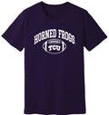 Navy blue t-shirt with 'Horned Frogs TCU' text on a white background