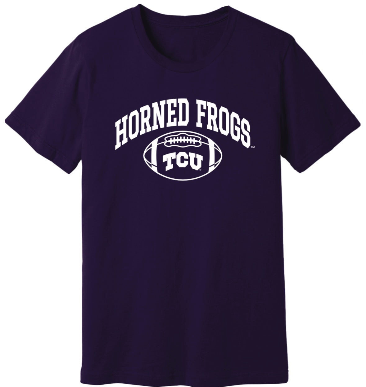 Navy blue t-shirt with 'Horned Frogs TCU' text on a white background