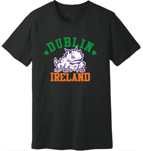 Black t-shirt with 'Dublin Ireland' text and graphic on a black background
