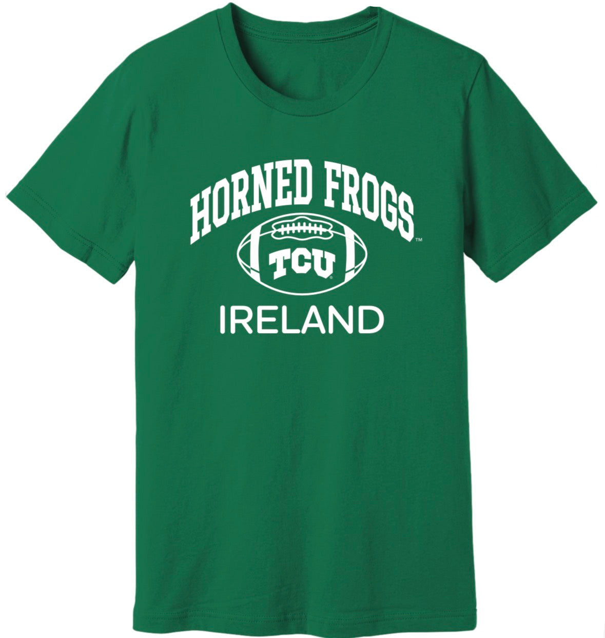 Green t-shirt with 'Horned Frogs TCU Ireland' text and logo on a white background