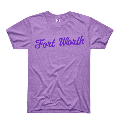 A heather purple short-sleeve t-shirt with 'Fort Worth' printed across the chest in a darker purple cursive font, displayed flat against a white background.