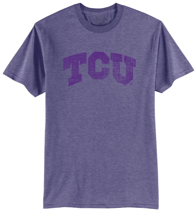 A heather purple short-sleeve crewneck t-shirt featuring a distressed purple 'TCU' logo printed across the chest, displayed against a plain white background.