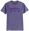 A heather purple short-sleeve crewneck t-shirt featuring a distressed purple 'TCU' logo printed across the chest, displayed against a plain white background.