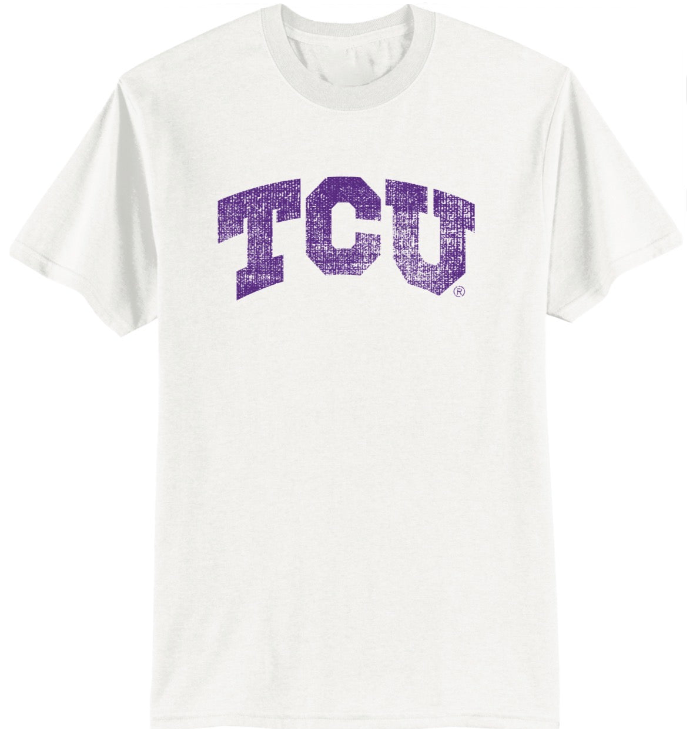 A white short-sleeve crewneck t-shirt featuring the letters 'TCU' printed in a distressed purple font across the chest.